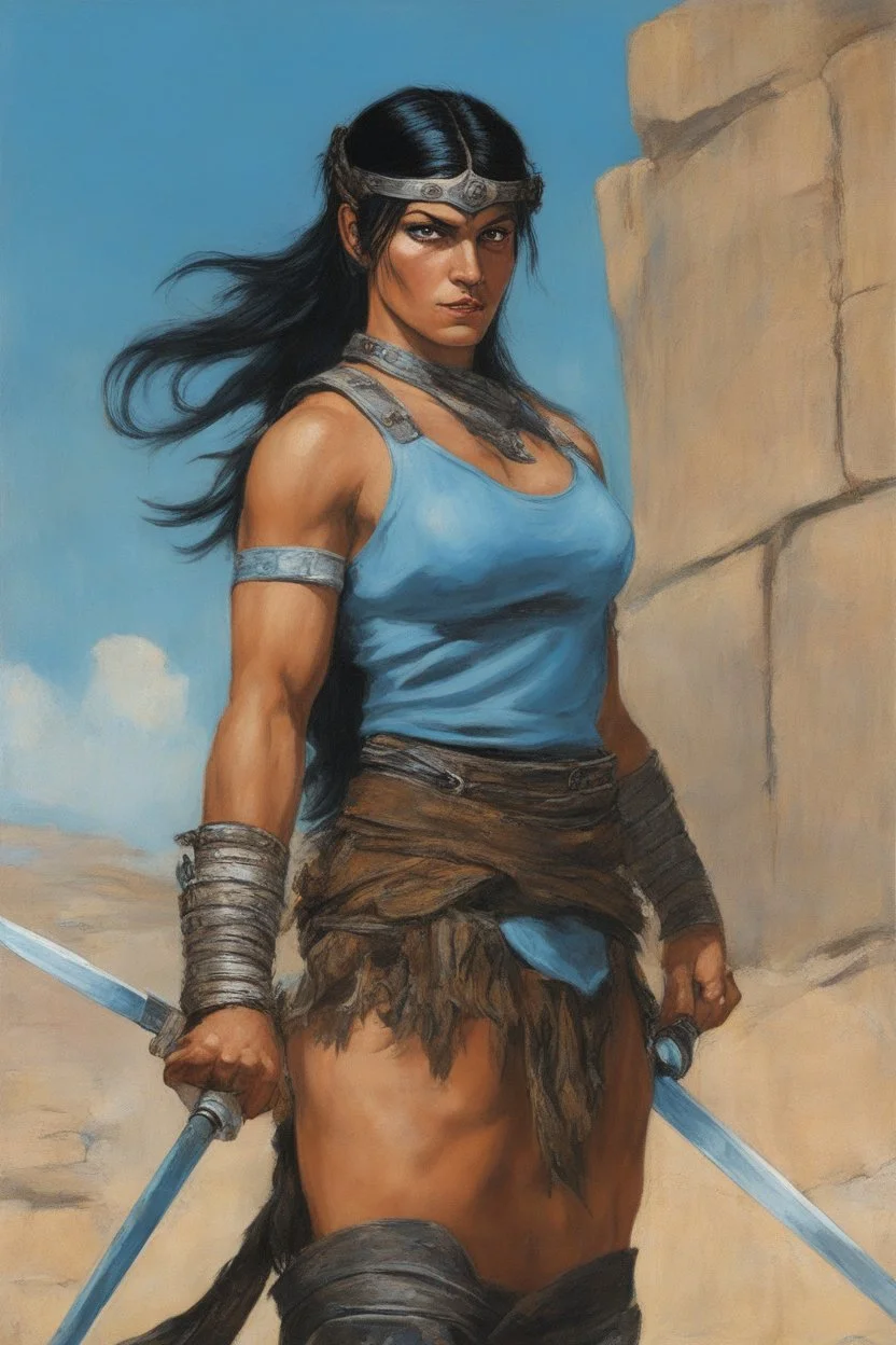 female Barbarian, Black Sonja, Long, pitch-black hair, two ponytails, bangs cut straight across forehead, blue eyes, sky blue stained wall in the background, dressed as a female barbarian, extremely muscular chest, carrying a long broadsword in her right hand, the stygian desert of Mars - oil painting by Norman Rockwell