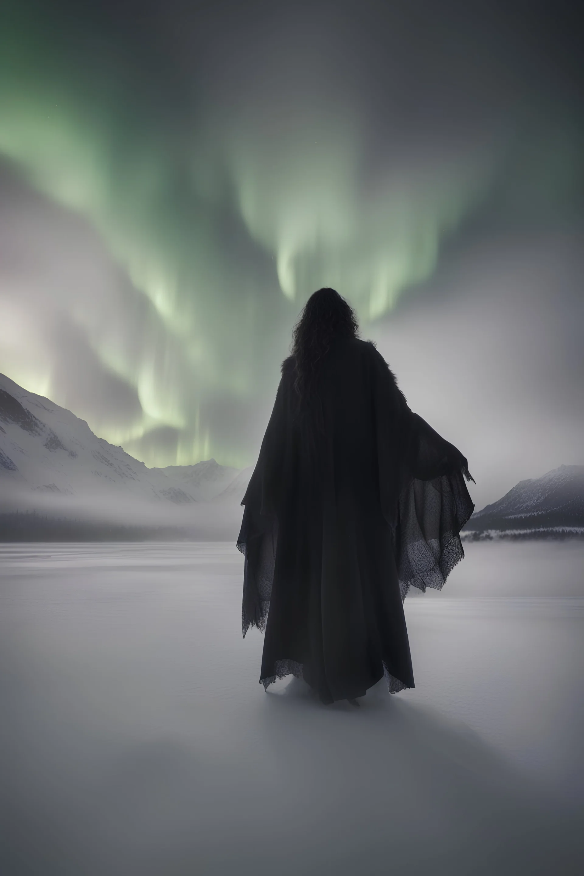 Photoreal menacing ghost of a gargantuan enormous huge mountainous shapeless goddess fog silhouette towering above an ice lake in the winter sky with northern lights by lee jeffries, otherworldly creature, in the style of fantasy movies, photorealistic, shot on Hasselblad h6d-400c, zeiss prime lens, bokeh like f/0.8, tilt-shift lens 8k, high detail, smooth render, unreal engine 5, cinema 4d, HDR, dust effect, vivid colors