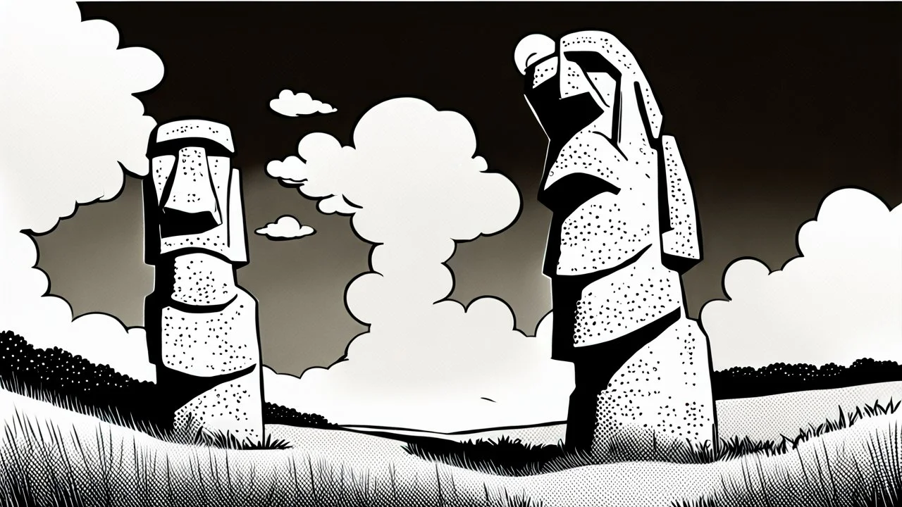 moai, manga, monochrome, black background, sketch, simple, maximum quality, broken hinge, barely functioning, centered on frame, far view, in the middle of a grassy hill, white sky with cumulonimbus