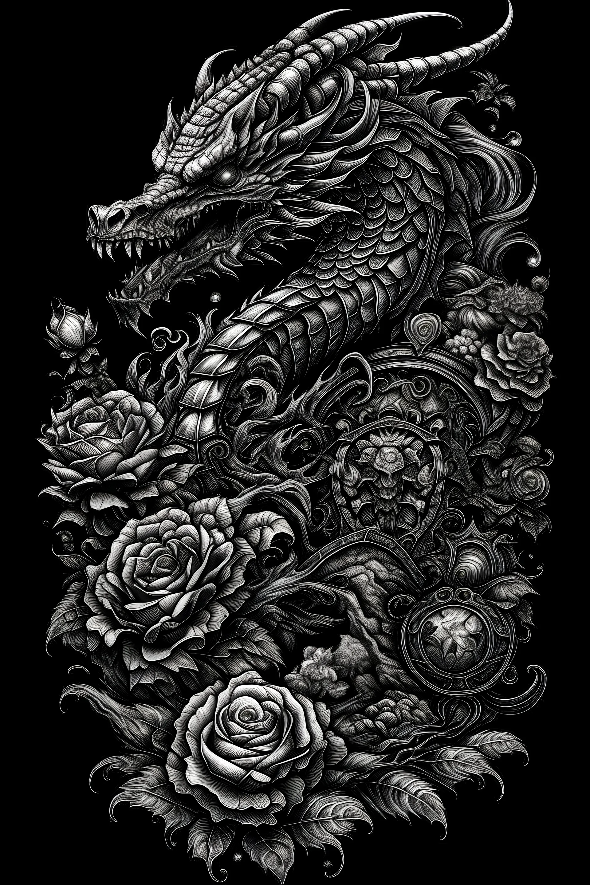 baroque, intricate high details, image of evildaliendemondeathknight cyberpunk, roses, dragon, in lines, perfect illustration realistic, BLACK BACKGROUND, the best style vintage tattoo art, for t-shirt DESIGN realistic