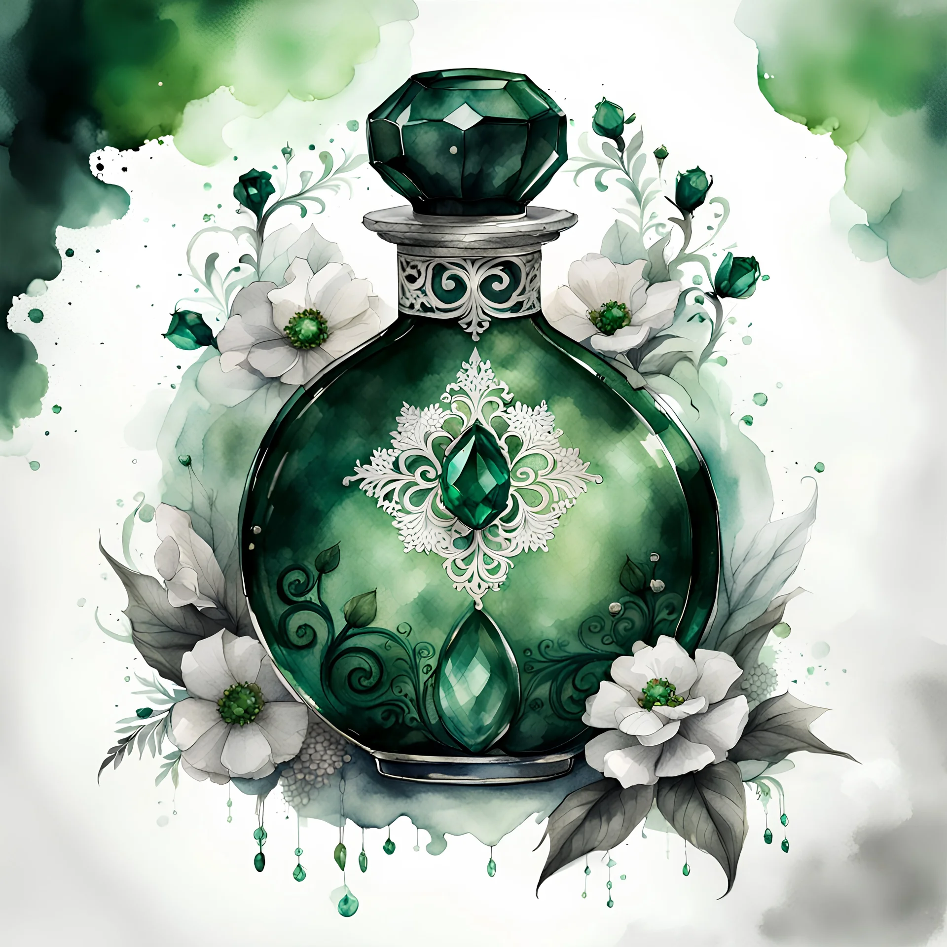 watercolor drawing of a dark Gothic green round perfume bottle with emeralds and flowers and white lace, on a white background, Trending on Artstation, {creative commons}, fanart, AIart, {Woolitize}, by Charlie Bowater, Illustration, Color Grading, Filmic, Nikon D750, Brenizer Method, Side-View, Perspective, Depth of Field, Field of View, F/2.8, Lens Flare, Tonal Colors, 8K, Full-HD, ProPhoto RGB, Perfectionism, Rim Lighting, Natural Lighting, Soft Lighting, Accent Lighting, Diffraction Grading