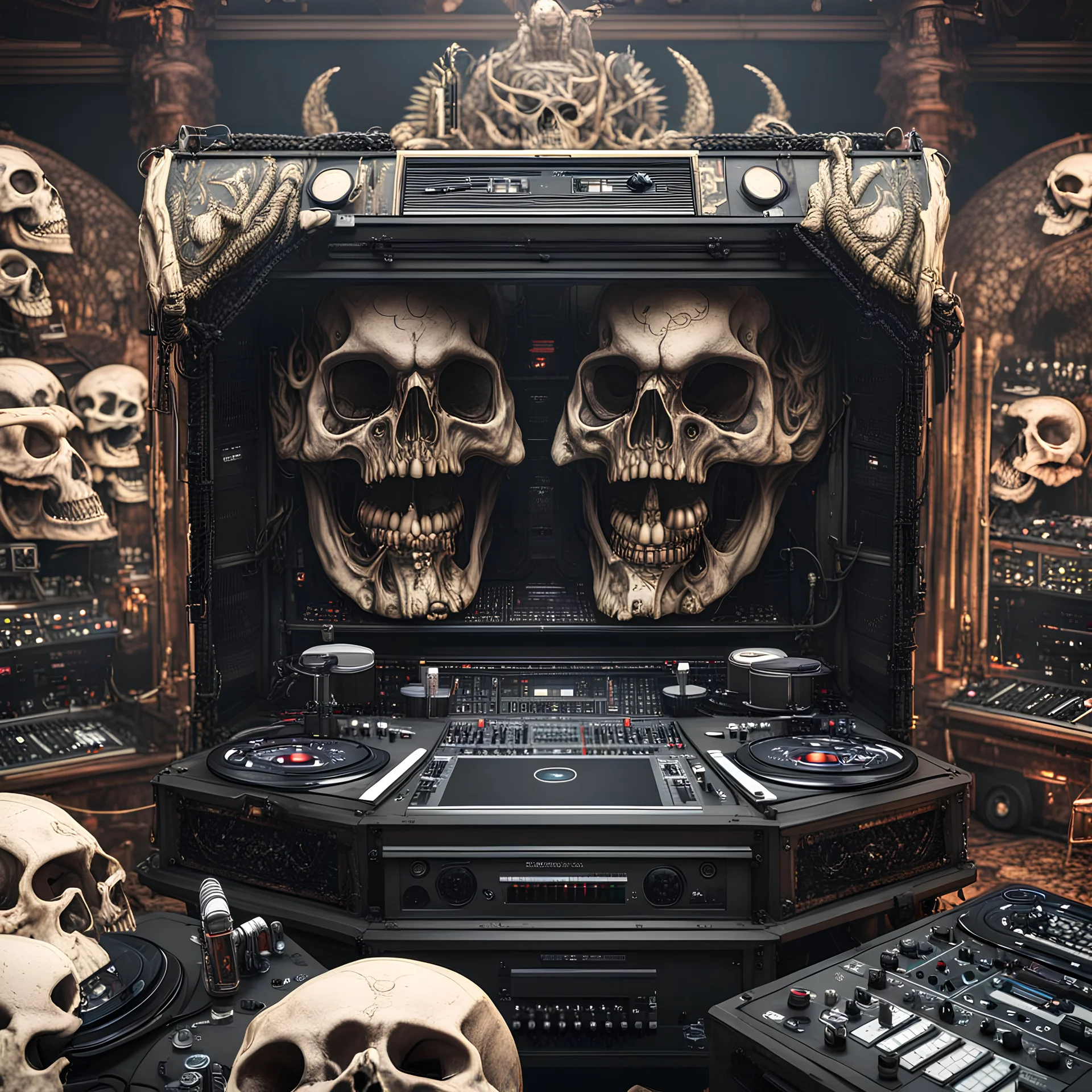 DJ of the damnded, insanely detailed DJ booth in hell, MID set, speakers and equipment made of bone, anatomically correct, add more skulls in th audience, photorealism, vray, 8k 3d https://stablecog.com/generate?o=a67b60e0-edd2-418d-9744-d1d585055d7fv https://stablecog.com/generate?o=93026b00-ac6b-436a-bc57-6aa04073d4a9