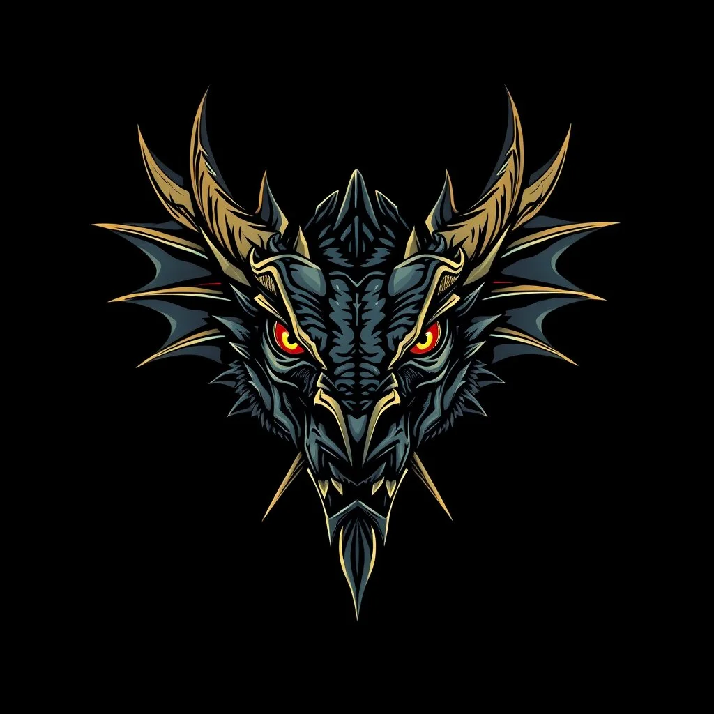 centered looking the camera crepy stunning dragon head on black background,, dark fantasy, , centered, 2d logo art,, detalied, professional, alcohol ink, strong thick line art, vector graphics, dark mood, realistic, deep colors, cinematic