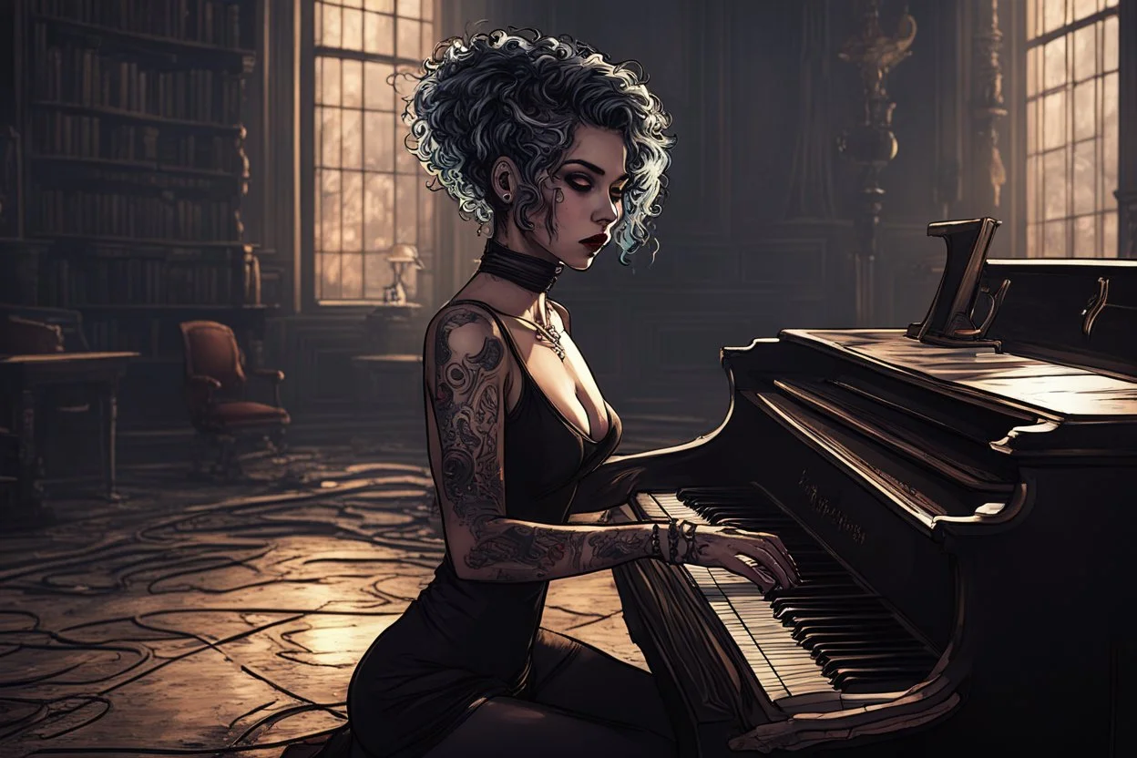 scarred cyberpunk vampire girl with tribal tattoos short curly cyberpunk hair playing piano in the library of a decaying gothic mansion at dawn