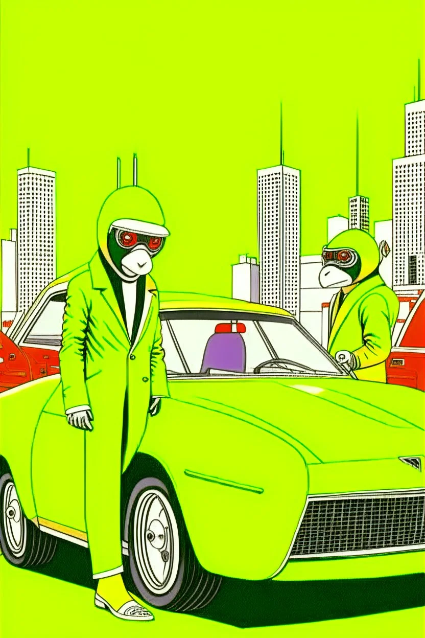 YELLOW LAMBOURGHINI APES PENGUINS AND ROBOTS in the style of Hiroshi Nagai