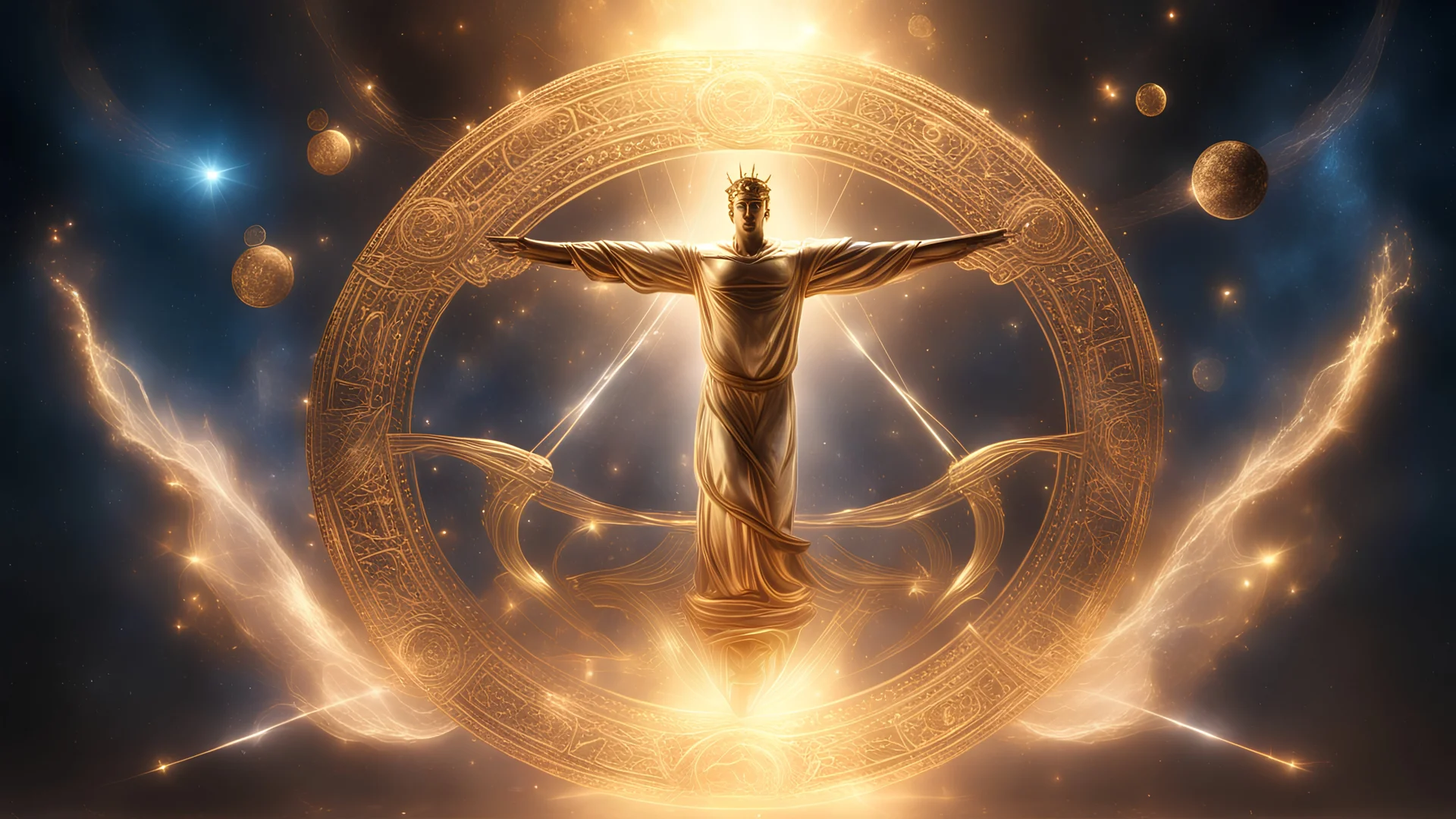 an ultra realistic conceptual image of the universal law, featuring a [majestic] and [powerful] scale of justice suspended in mid-air, surrounded by [ethereal] and [glowing] cosmic symbols, with [golden] rays of light emanating from it. The image should have a [dramatic] and [awe-inspiring] composition, with [highly intricate] details and [crisp] textures, giving it a sense of [timelessness]. It should be rendered in [stunning] 8K resolution, using [cutting-edge] technology, and have a [cinemati