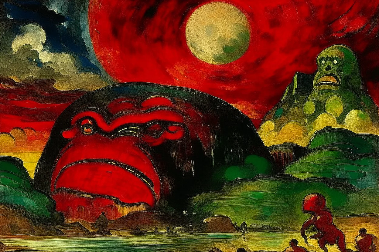 A dark red giant coliseum in a cosmic storm painted by Paul Gauguin