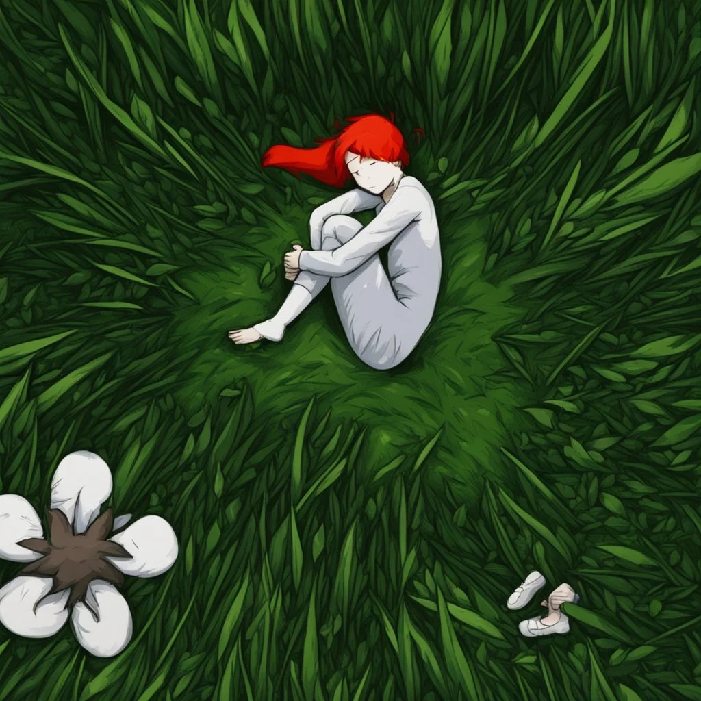 A lonely man is hugging his knees and sleeping in the meadow, cartoon style- anime