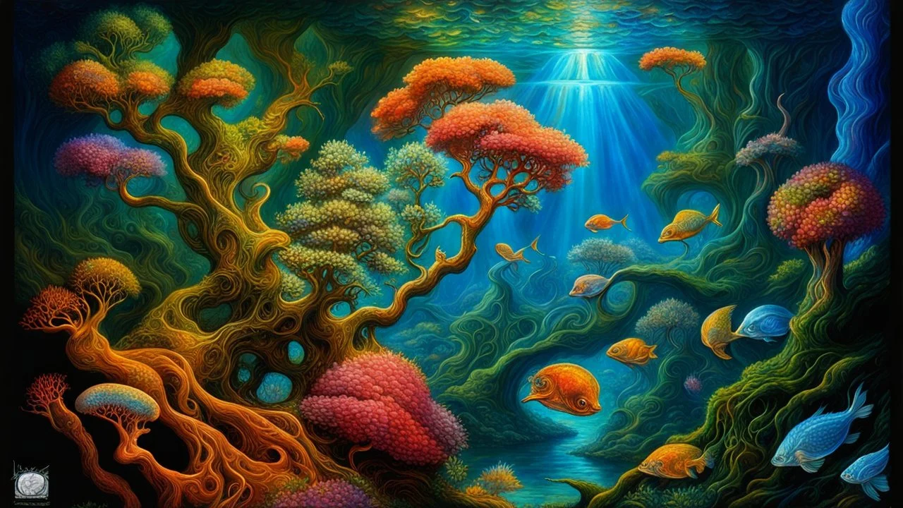 Imaginary landscape trees. . And he sells. Meh. lake.Underwater ornamental perfect anatomy, fantasy, vibrant digital art professional award winning masterpiece, oil on canvas Atmospheric extremely detailed Josephine Wall