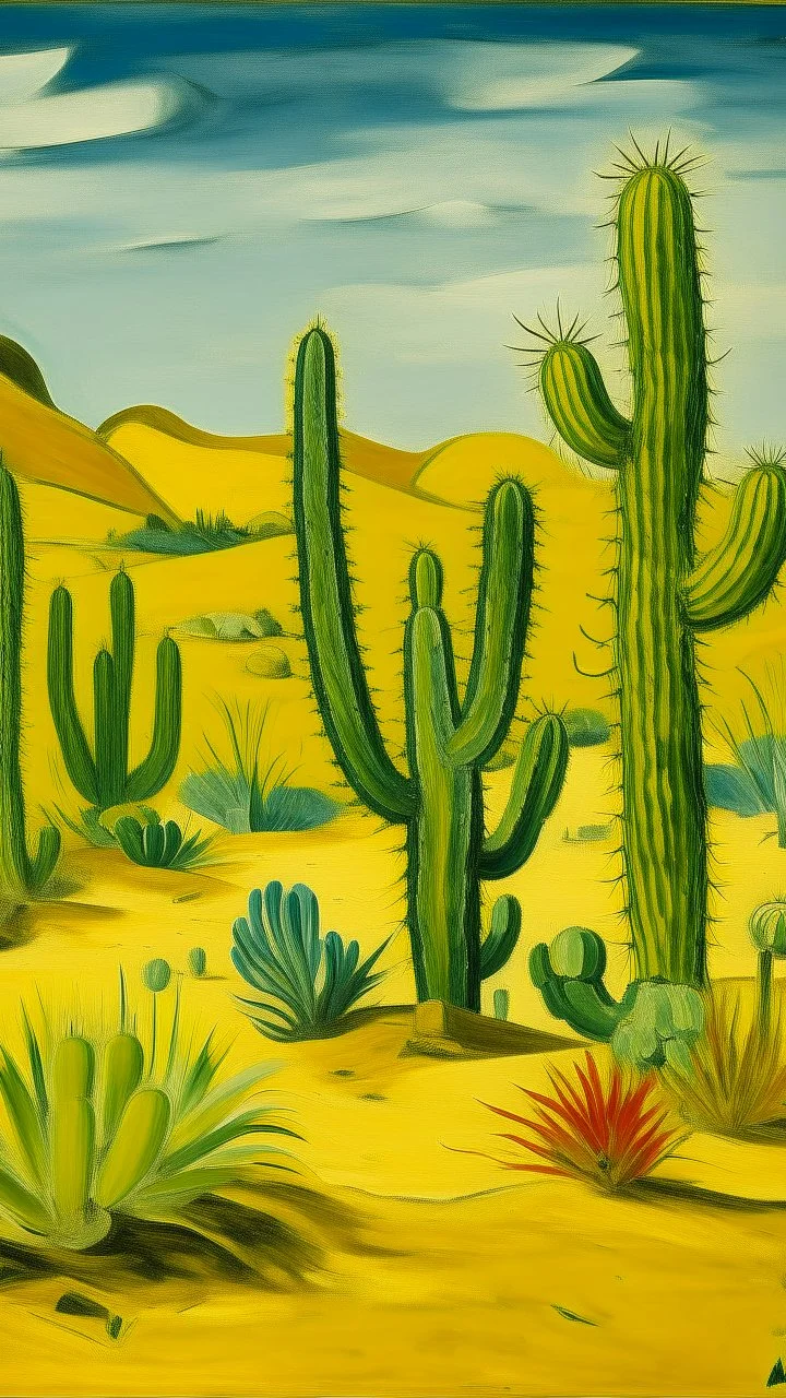 A yellow desert with cactuses painted by Pablo Picasso