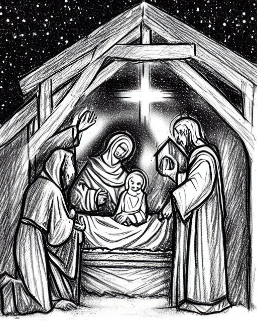 Holy nativity scene in the style of a Christmas market stall pencil sketch