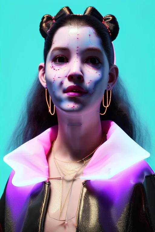 Ultra Realistic image, Rosalía artist, portrait, normal complexion, portrait, two bows with chopsticks hair , black eye long line, sweet face, t-shirt with holes, inflatable open coat, gold pink and blue style, spray line glow, big geometric led jewelry, fog, hot, inflatable style latex coat, vibrant color, highly detailed, art stations, concept art, smooth, unreal engine 5, god rays, ray tracing, RTX, lumen lighting, ultra detail, volumetric lighting, 3d, finely drawn, high definitio