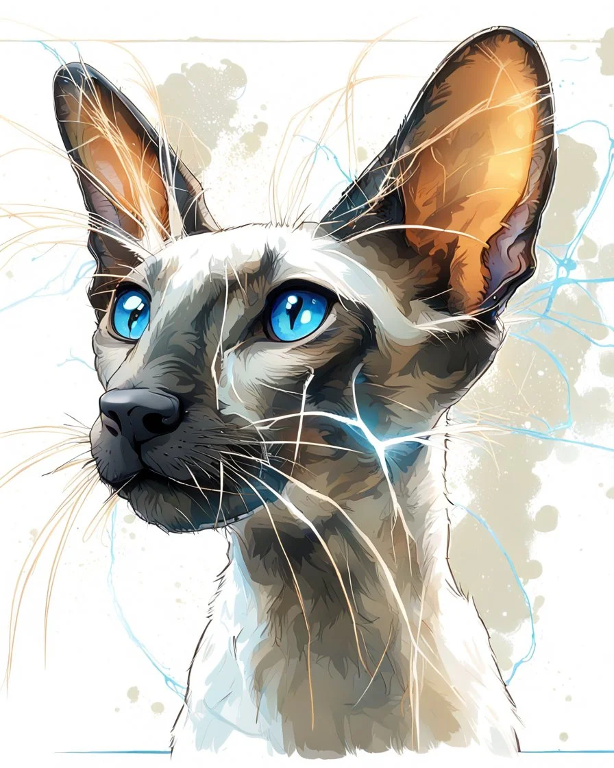 Create a vividly realistic visual composition to conceptually complement A whimsical, wacky Oriental shorthair chocolate point Siamese with blue eyes and a delightfully scattered and unkempt coat, sporting long strands of hair that stick out in every direction, as if electrified by static, its whiskers twitching with mischief, while its ears perk up with an air of sly secrecy, the cat's body appears to be whispering away from itself, as if its very essence is being slowly sucked out, leaving beh