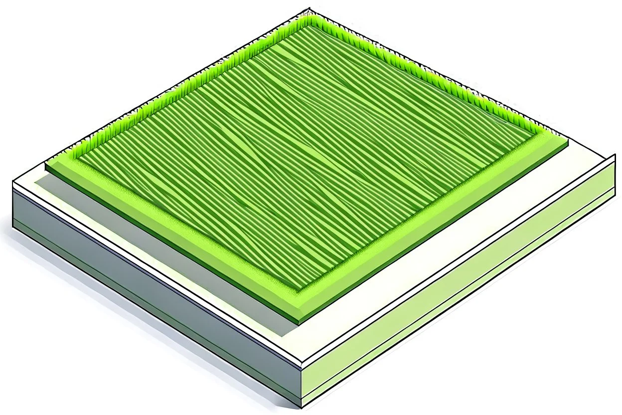 bottom half is solid section of finely groomed and uniform grass, top half is a flawless seamless single piece concrete slab, divided at small angle, simple background, isometric