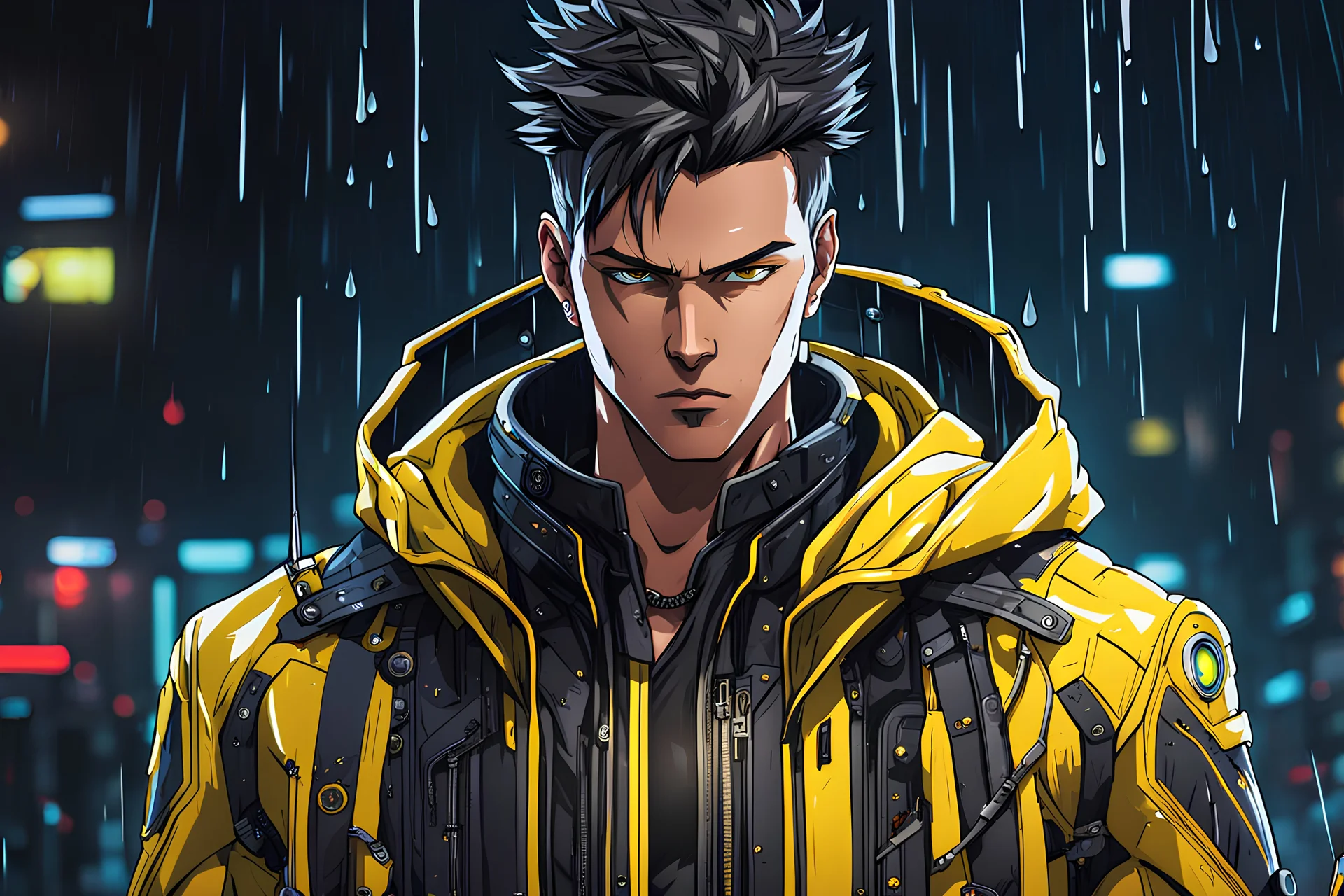 David with Body parts mechanism in 8k 2D anime realistic drawing style, cyberpunk them, yellow jacket, neon effect, close picture, rain, highly detailed, high details, detailed portrait, masterpiece,ultra detailed, ultra quality