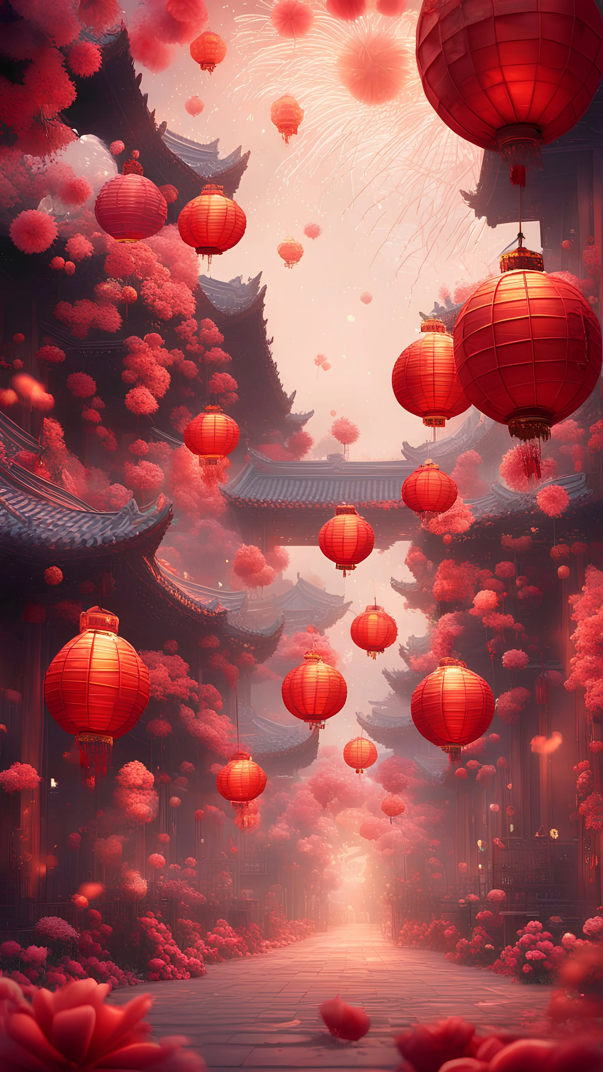 Against the backdrop of the Year of the Dragon culture, the "Happy Chinese New Year" scene is spelled out on the flowers decorated with lanterns, fireworks, champagne glasses and streamers. The image will be highly detailed, with sharp focus, beautiful colors and rich lighting, as well as a 3D effect.