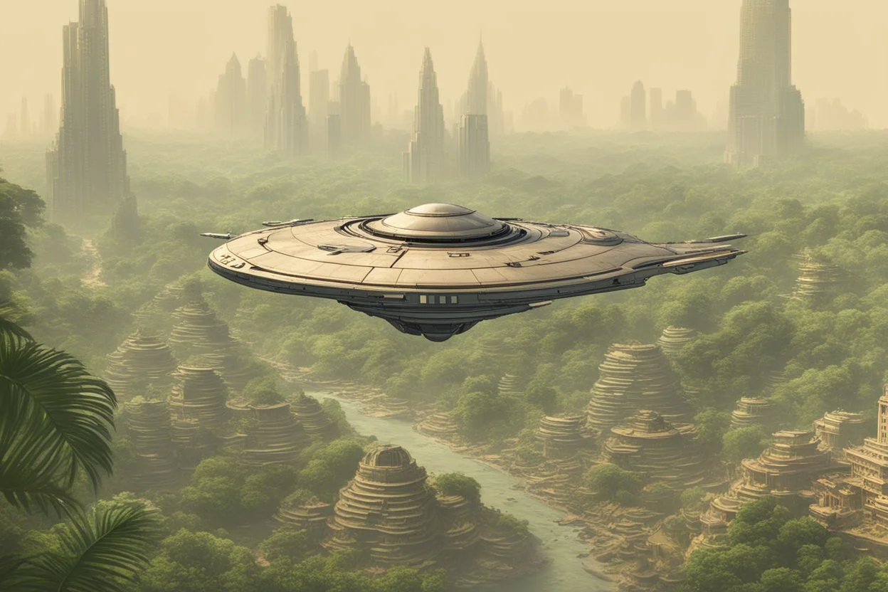 spaceship flying low over a jungle city