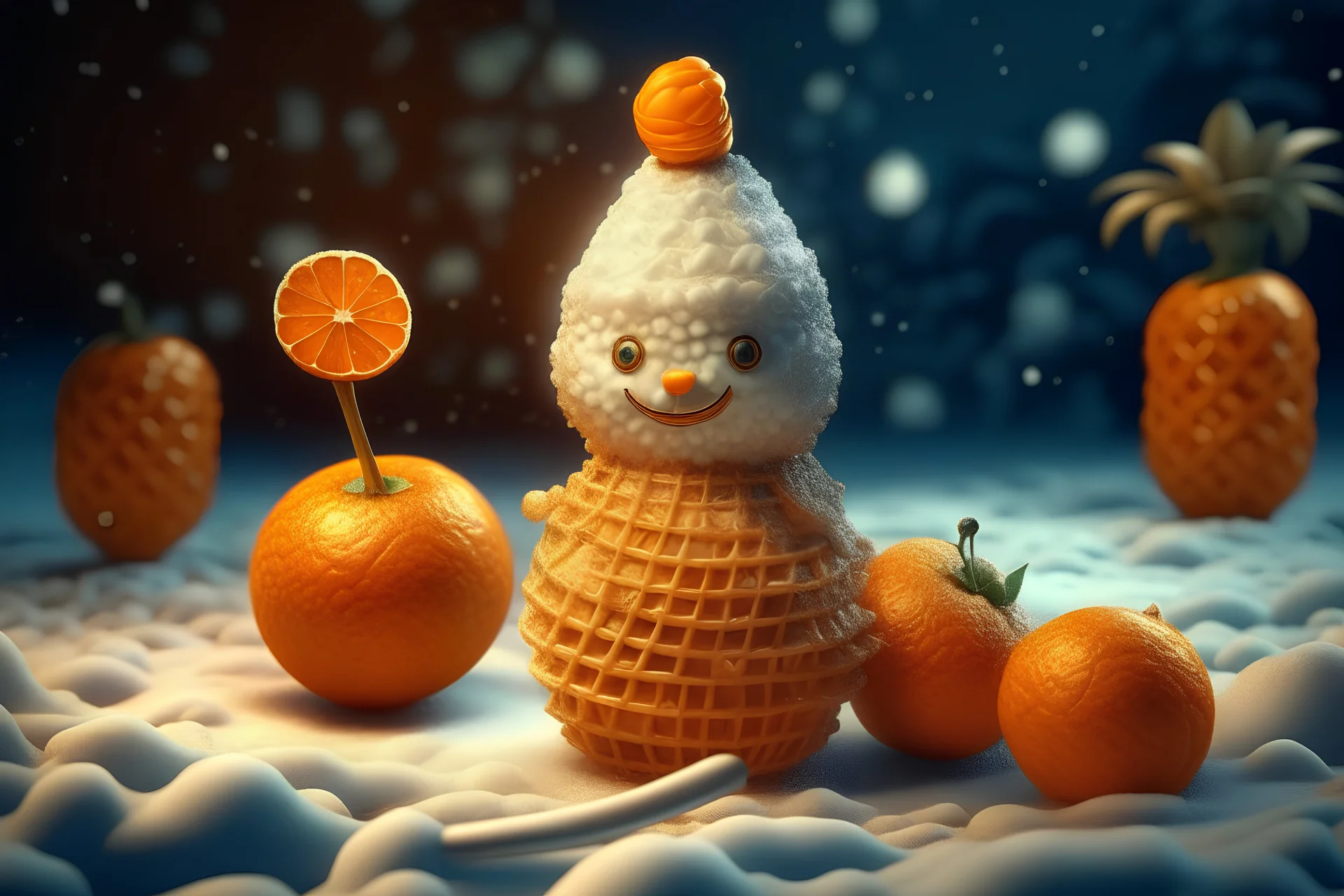 beautiful cute snowman made of tangerines has a large waffle ice cream, professional photo, high resolution, frame depth, high detail, 1024k, ISO 1000, digital art, botanical art, filigree, hyperrealism, surrealism, glitter, cinematic, backlight, full HD wallpaper with high detail, elegant, 8k, oil on canvas, beautiful, 4K 3D, excellent quality, colorful, very cute, Thomas Kincaid