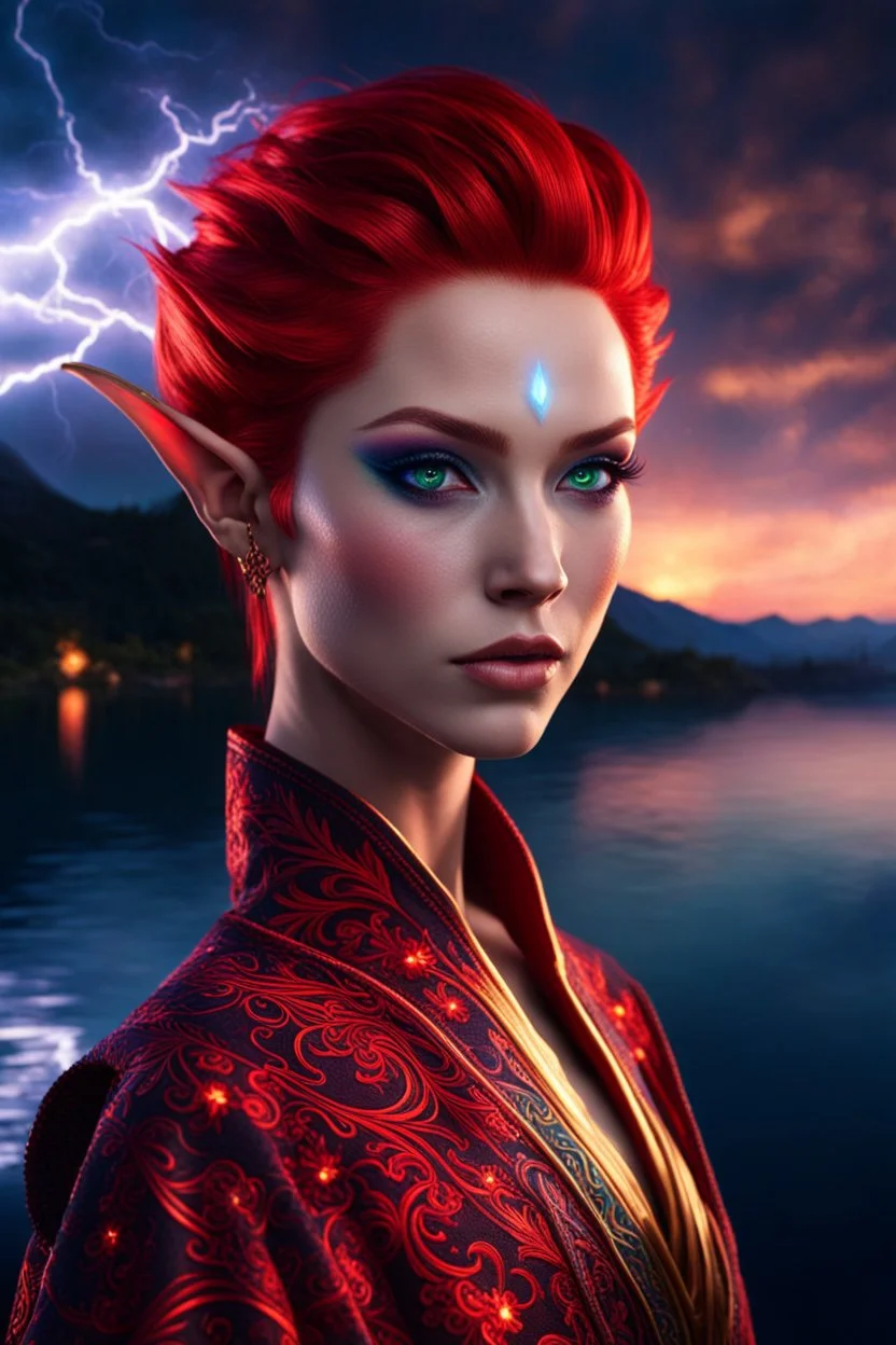 detailed eyes, female half elf, red sleek and chicz hairstyle, detailed glowing ornamental magical pattern robe, glowing gem crackling with lightning implanted on robe, 8k, high detail, lake background, midnight, facing viewer, front facing