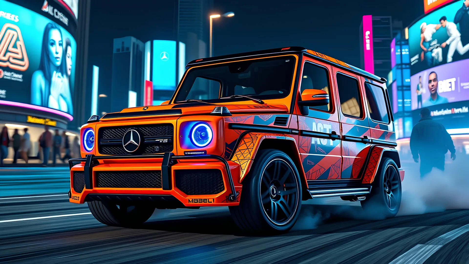 A street-racing-themed, highly customized Mercedes-Benz G-Class with a widebody kit, painted in a two-tone orange and black color scheme with intricate geometric patterns. The car features a large rear wing, aggressive front splitter, and is equipped with neon blue headlights and underglow. The scene is set in a vibrant cityscape at night, with bright neon lights and billboards in the background. The G-Class is shown drifting, with smoke trailing from the tires, capturing a sense of speed and po