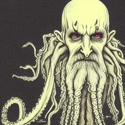 Cthulhu with white skin and a beard made of fleshy tentacles as a Russian Orthodox nosferatu vampire with yellow eyes