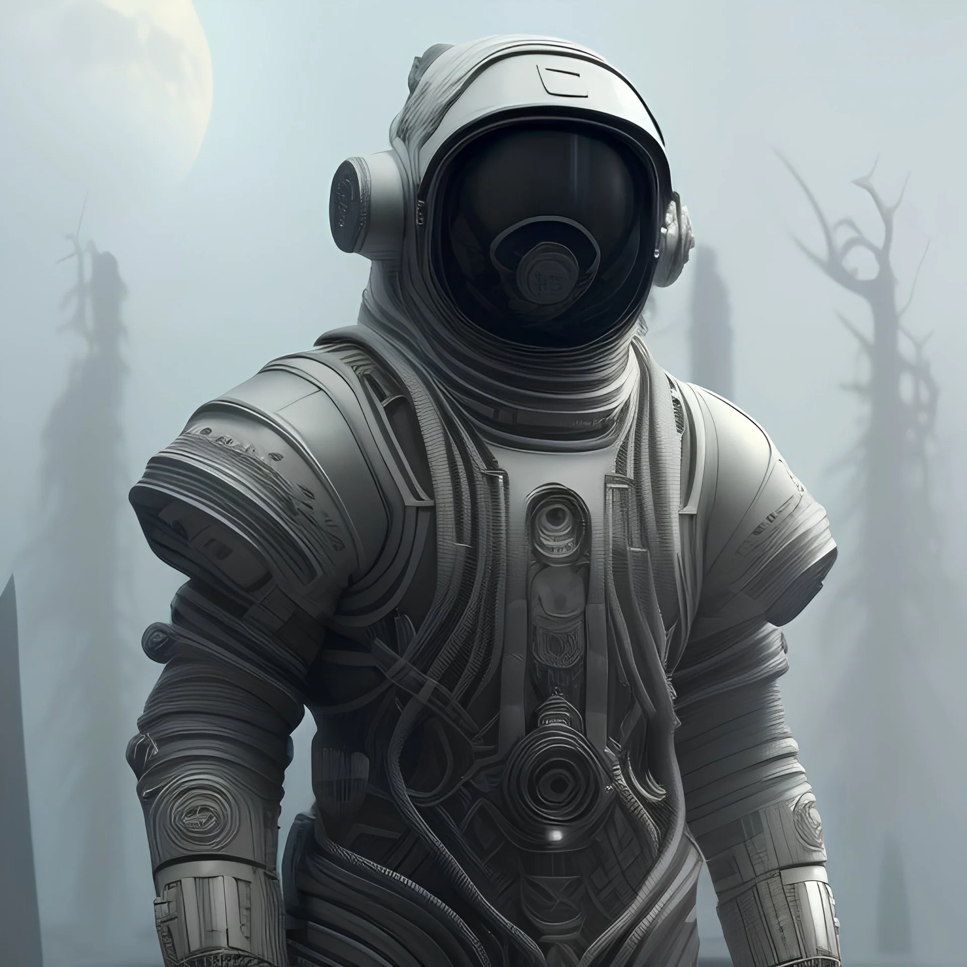 detailed photorealistic photo of spooky ethereal undead astraunaut obscured by smoke, intricate space suit, detailed moon landscape, mysterious monoliths in background, sharp focus, dramatic lighting, award winning, best quality, 8k 4k ultrahd wallpaper, concept art, trending on artstation, style of Greg rutkowski and wlop and beeple and Alex grey and h.r. giger