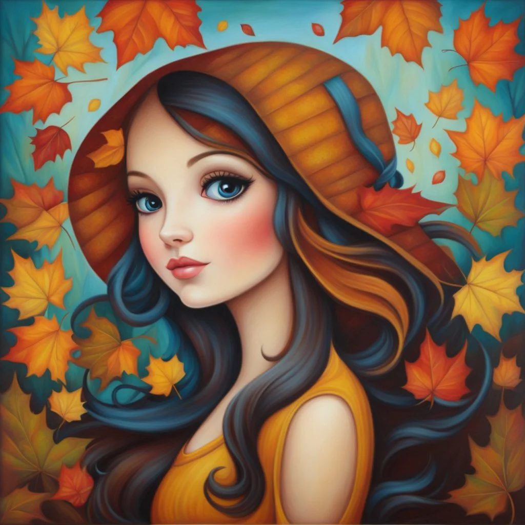 Masterpiece, best quality, Jeremiah Ketner style painting of a portrait of a girl in autumn park, autumn leaves in background, painted by Jeremiah Ketner