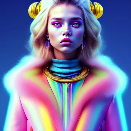 blonde woman teenager, gold teeth, purpurin, retro futuristic, feather coat, gradient color, BLUE, PINK, CYAN, neon, insanely detailed, 16k resolution, perfect eyes, cinematic smooth, intricate detail