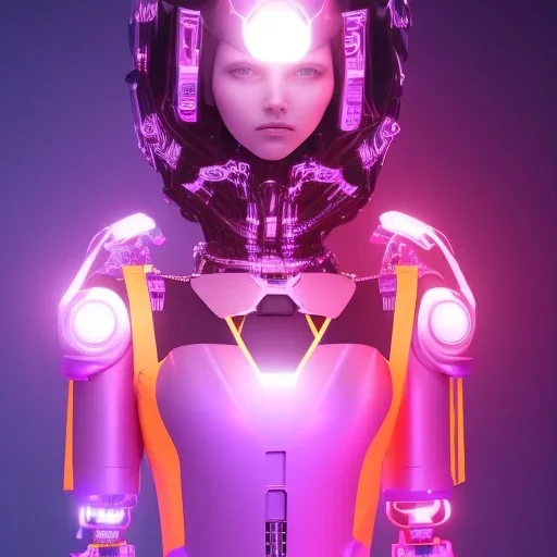 Cute girl in a robotic hijab suit,purple and pink backlight, orange lighting, profile