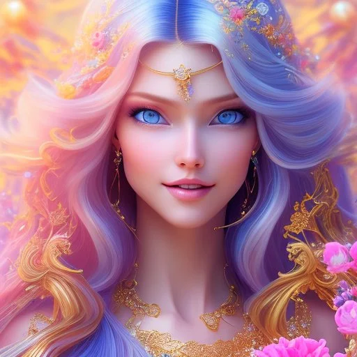 Beautyful smiling young woman, long hair amazing blue eyes, flowers, happy cosmic, bright colors, blue, pink, gold, jewels, realistic, photo real, clear sunny background, highly detailed, high contrast, 8k high definition, unreal engine 5, extremely sharp detail, light effect, sunny light background