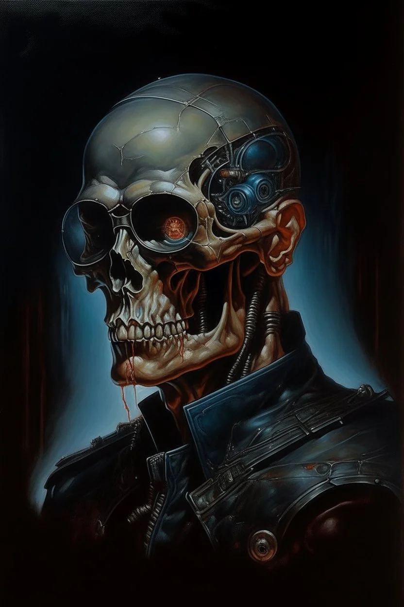 1970's dark fantasy cover dnd style oil painting of bolivar 1800 terminator with a glass brain in a minimalist far perspective.