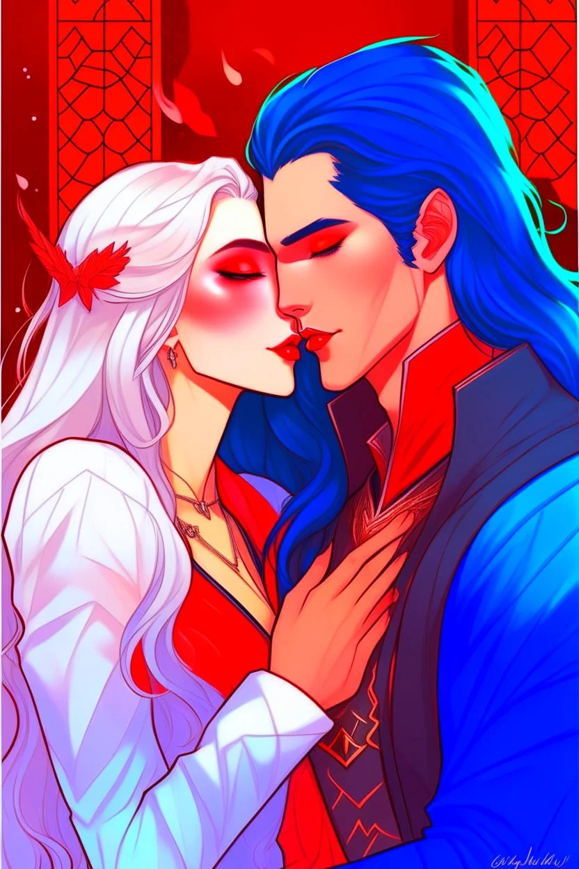 A couple from the dnd game curse of Strahd. The woman has long white hair and blue eyes, the man has LONG BLACK hair and red eyes, no facial hair. KISSING