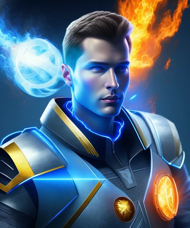 A portrait male character with blue flames surrounding him