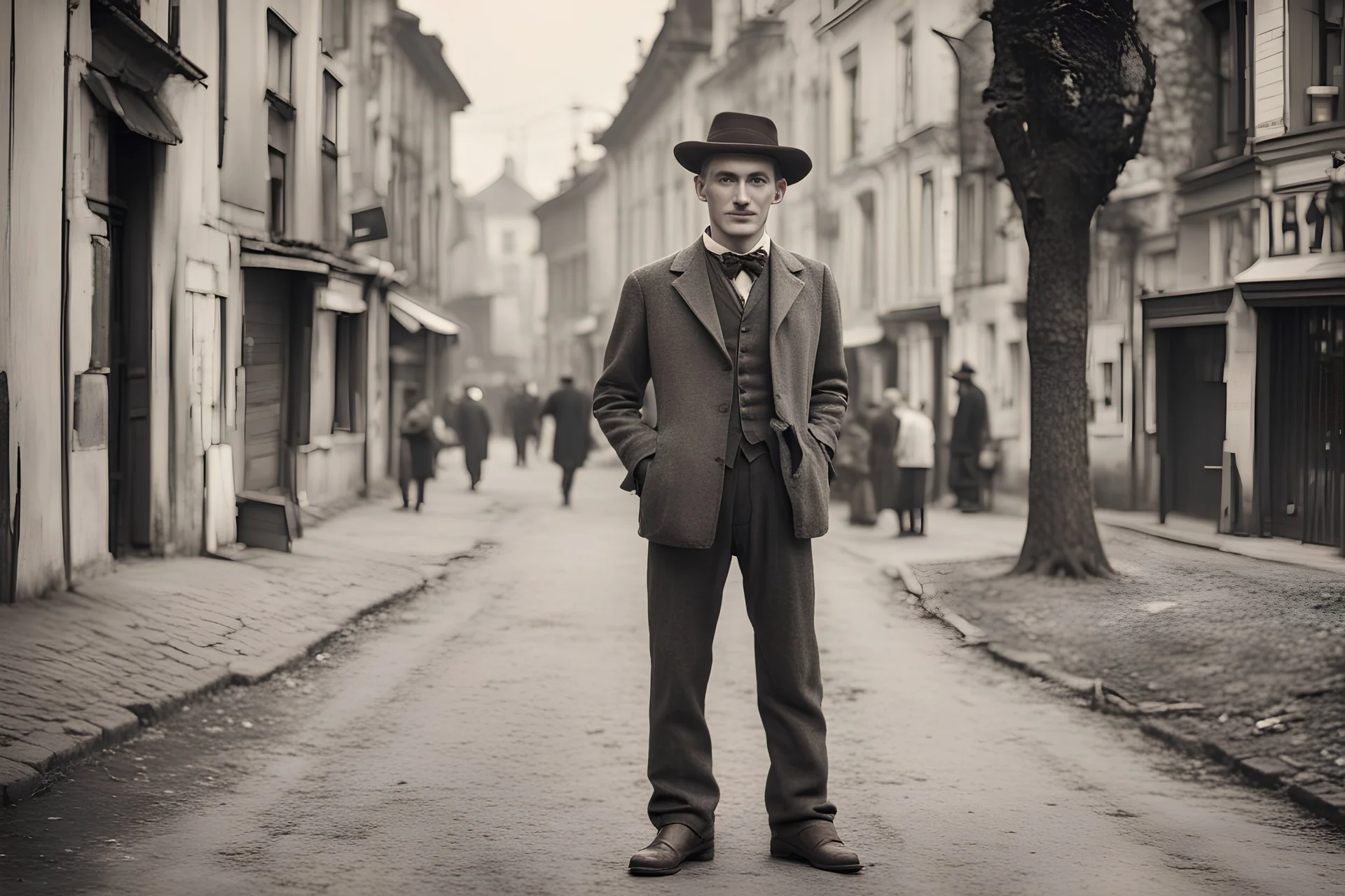 cute poland man in full haight 1920-1930 on streen in warshaw. Retro style photo full height. Without people