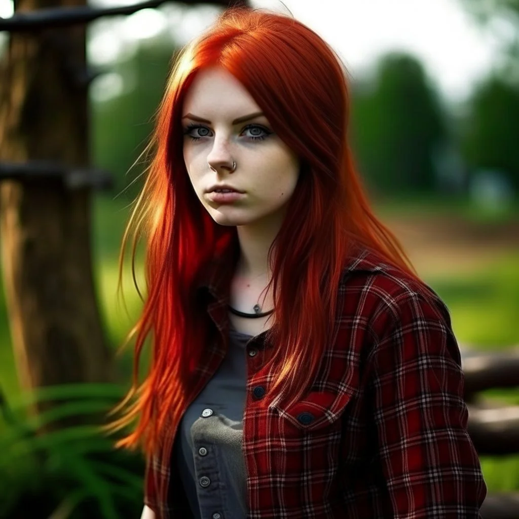 cute girl, age 25, dystopian, angry, lumberjack, dark red hair