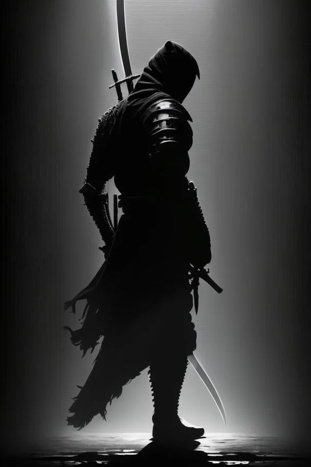 Background is dark grey, almost black. There is a head and torso silhouette looming in the picture, completely masked by a black kevlar suit with a sword sheathed behind the silhouette's back.