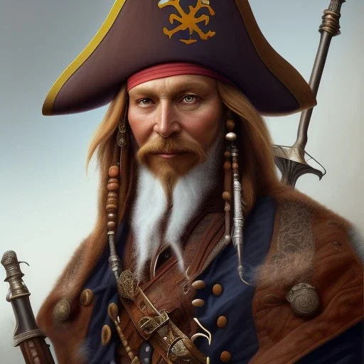 Old pirate Captain wielding a sandstone rapier and sandstone dagger. Wearing a hat with an impressive feather and with a brutal scar across his neck, fantasy D&D character, portrait art by Donato Giancola and Bayard Wu, digital art, trending on artstation, 4k