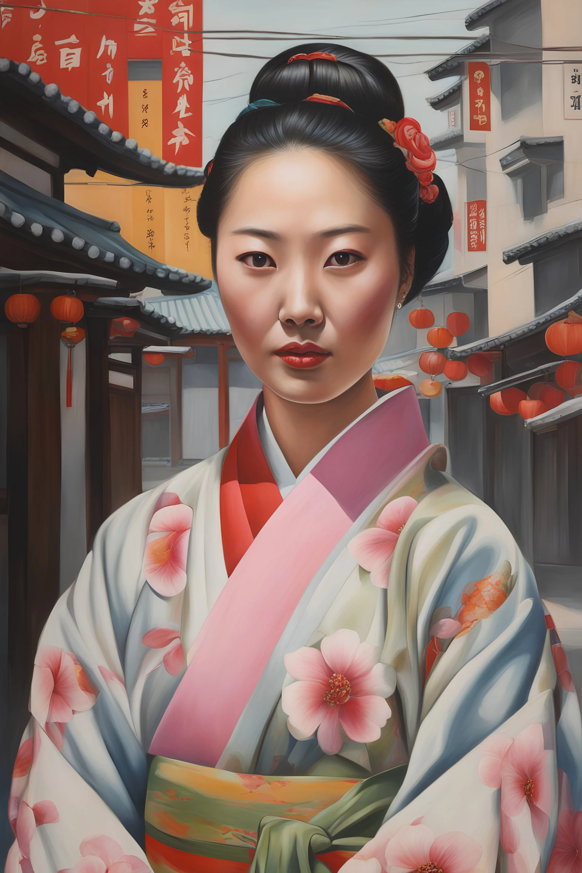 ultra detailed urban modern portrait painting of a Korean woman in traditional kimono including a korean pocha street in background