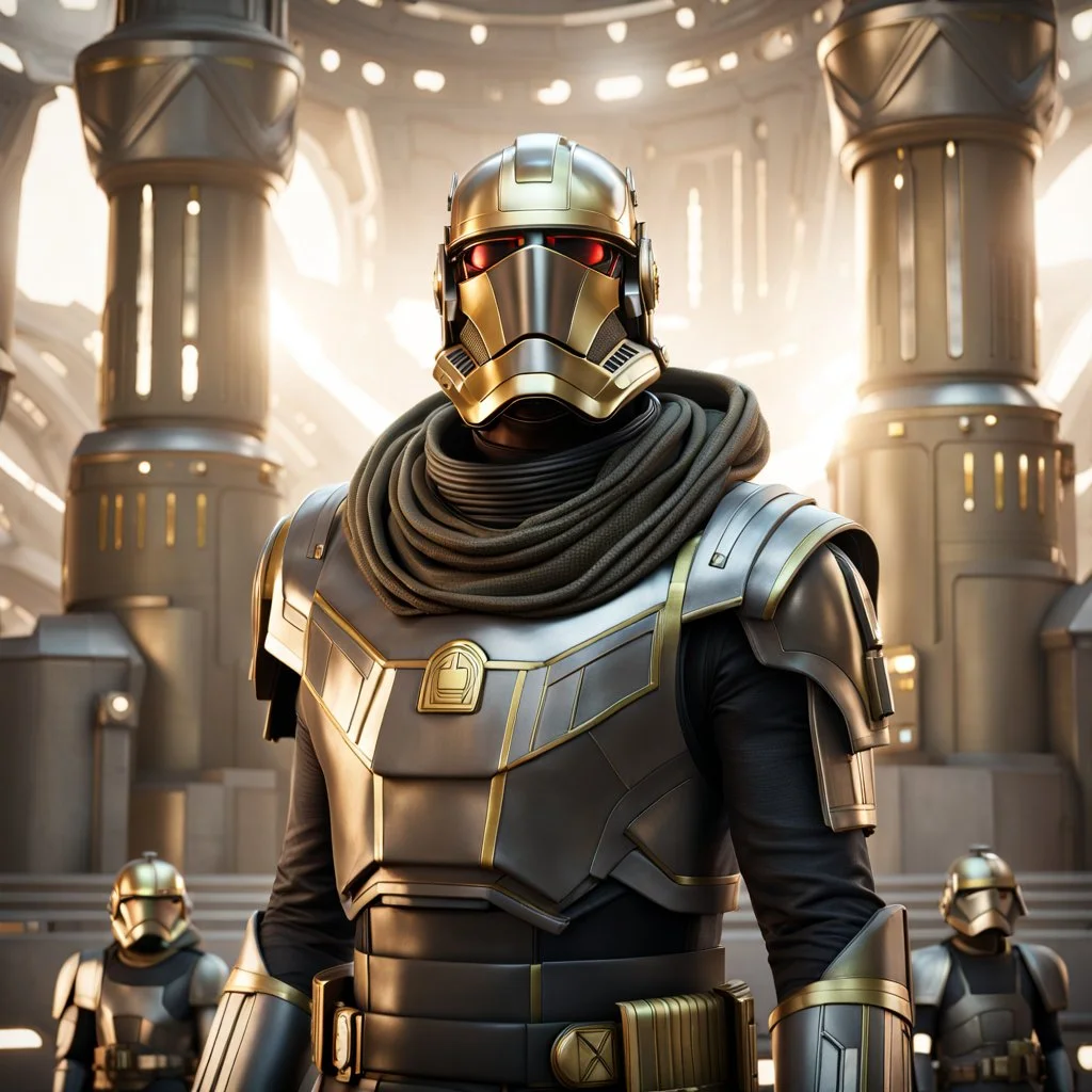 star wars bald male corellian pilot wearing pearlescent black and gunmetal grey First Order special forces heavy assault armor and helmet with gold trim inside the jedi temple, centered portrait, hyperdetailed, dynamic lighting, hyperdetailed background, 8k resolution, volumetric lighting, light skin, fully symmetric details