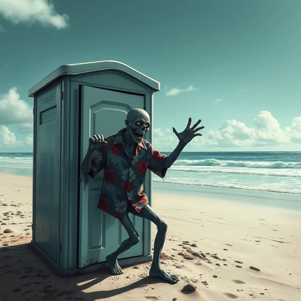 Zombie in a Hawaiin shirt trying to break into a port-a-potty on beach, inspired by the style of Dave McKean, sinister, foreboding, Dead Island aesthetic