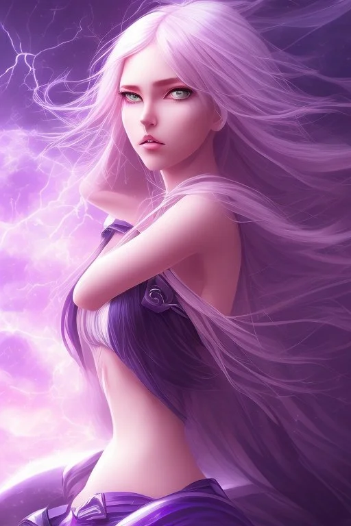 A striking beautiful anime girl with striking blue eyes and purple hair coming out of an abstract background of stormy wind and fire sky