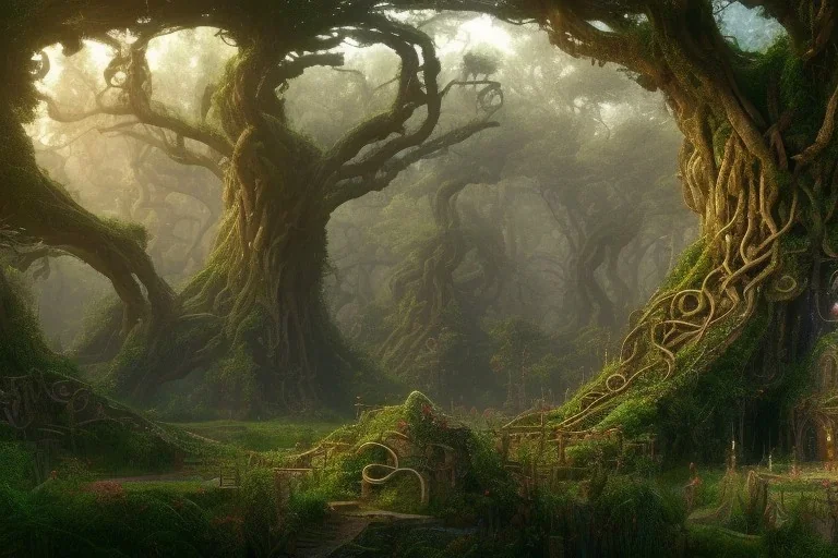 a beautiful and highly detailed matte painting of a wooden elven temple in a magical fantasy garden in a lush forest, celtic knots, ancient runes, knotted trees, tangled vines, intricate details, epic scale, insanely complex, 8k, sharp focus, hyperrealism, very realistic, by caspar friedrich, albert bierstadt, james gurney, brian froud