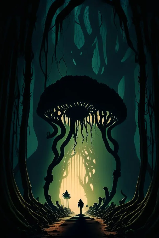 A frightening fungus forest dungeon hallway with the silhouette of a lumbering mushroom monster in the background