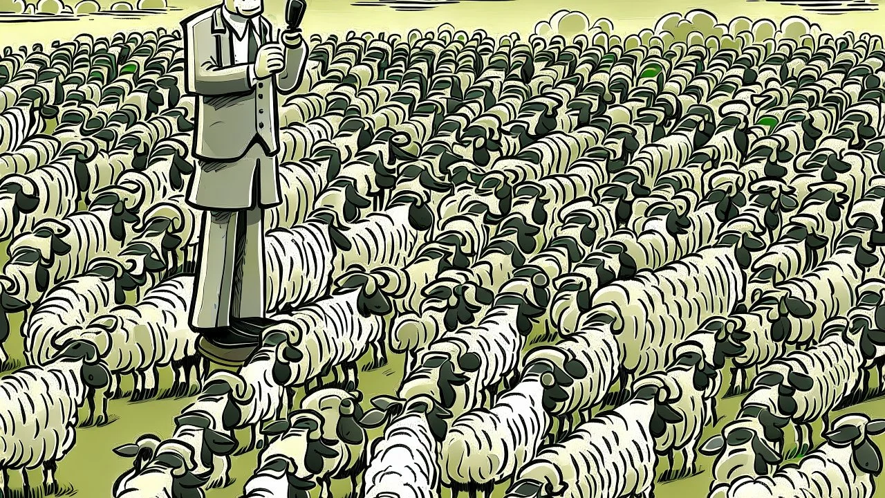 malevolent world leader and orator at podium speaking to large field of sheep