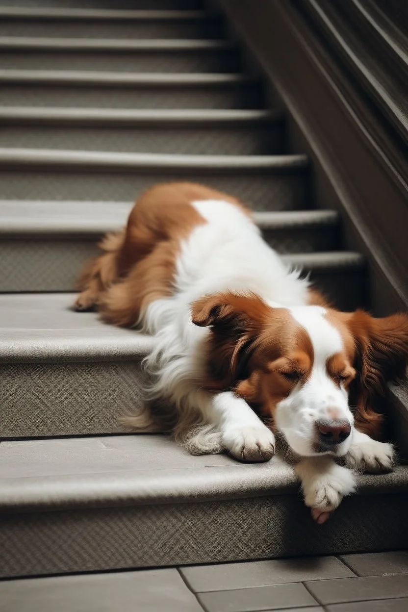 cane che dorme sdraiato vicino a dei gradini