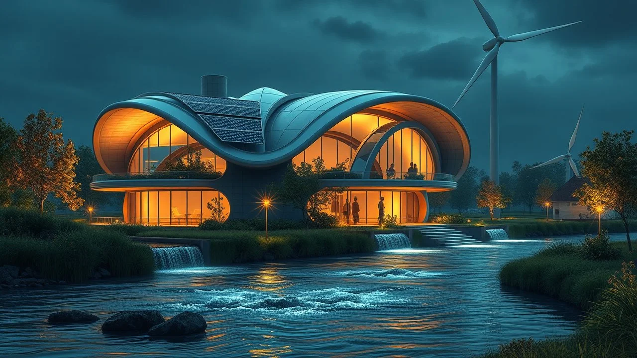 2031. Innovative environmentally-friendly home, solar panels, water wheel in river, alternative energy, wind turbine, scientific experiment, home of the future, amazing curved architecture, fantasy, robotic, magic, automated, spectacular, futuristic, beautiful lighting, attractive composition, photorealistic, extremely detailed, chiaroscuro