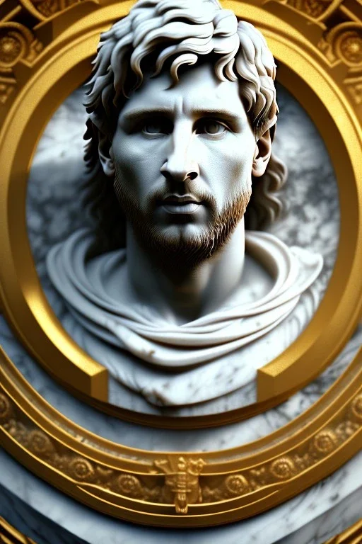 Ultra Realistic image, Roman sculpture, white marble material, Lionel Messi, sun radial crown, chisel style, waist up portrait, epic, celestial, cinematic lighting, God light, god rays, 4k resolution, smooth details, ornate details, soft lighting, unreal engine 5, marble background.