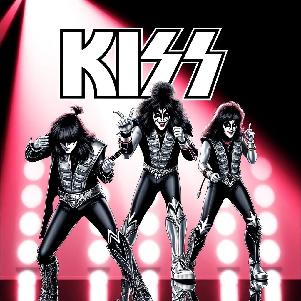 full color, Create a record Album cover for the Rock and Roll Band KISS - "Rock And Roll Over"