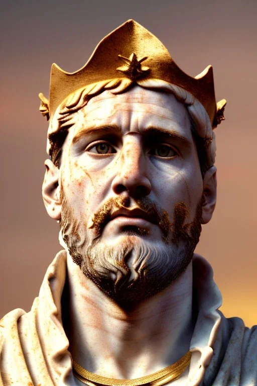 Realistic image, Roman sculpture made in white marble with gold veins, Lionel messi with gold laurel leaves crown, two blue brushes, decorative star on the chest, waist up portrait, marble material, gold ornaments, Baroque style, sun rays background, epic, celestial, cinematic lighting, God lights, 4k resolution, smooth details, soft lighting, unreal engine 5, art station, substance 3d.