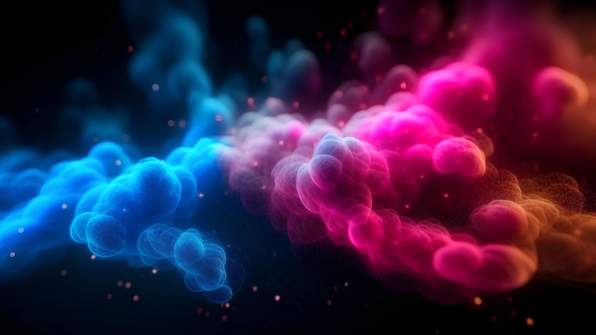 Shiny glitter particles in clouds of pink and blue neon colorful smoke abstract background. Generative AI.